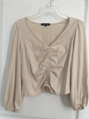 Banana Republic Neutral Beige Ruched V-Neck Balloon Sleeve Top